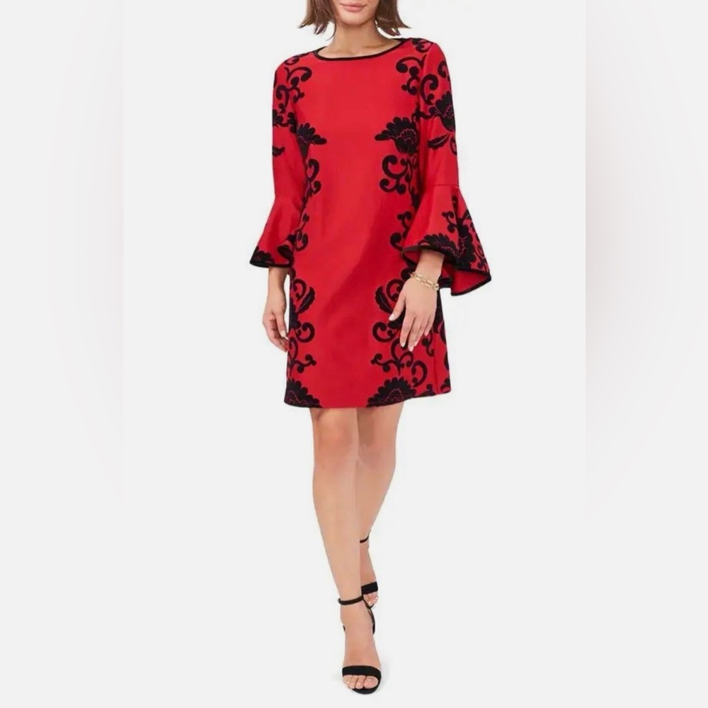 Chause Red and Black Floral Application Midi Dress With Spanish Sleeves - Size L